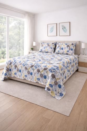 King Size Bedsheet Set with Leaf Print | Cotton Blend Bedsheet 230240 cm | White Bedsheet with Blue Yellow & Black Leaves | Soft Breathable Fabric | 2 Pillow Cover Bed Sheet with 2 Pillow Covers