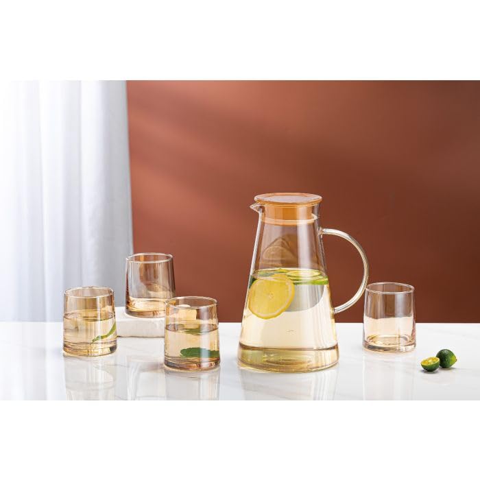 Image of Bellemax Amber Premium Glass Water Jug - 1.8 LTR, Transparent, Hot Cold Water Pitcher with Stainless Steel Lid Water Jug, Iced Tea, Milk and Juice Beverage Carafe, Lemon Jug, 1800ML (TR-06)