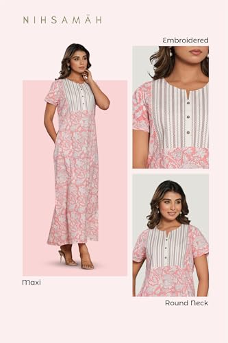 Image of NIHSAMAH Cotton Nighty for Women - Printed Stylish Night Gown, Comfortable Sleepwear Long Nightwear, Maxi