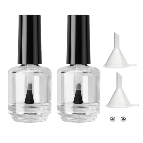 2PCS Empty Nail Polish Bottles with Rounded Brush,Empty Glass Clear Refillable Nail Polish Containers Vials with Mixing Balls & Funnels & Black Cap for DIY Nail Art Samples (15ML)
