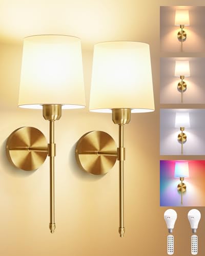 Image of Ouyulong Battery Operated Wall Sconces Set of 2, Wireless Rechargeable Dimmable Wall Light with 5600mAh RGB Bulb and Remote for Bedroom, Living Room, Hallway, Gold, 19in