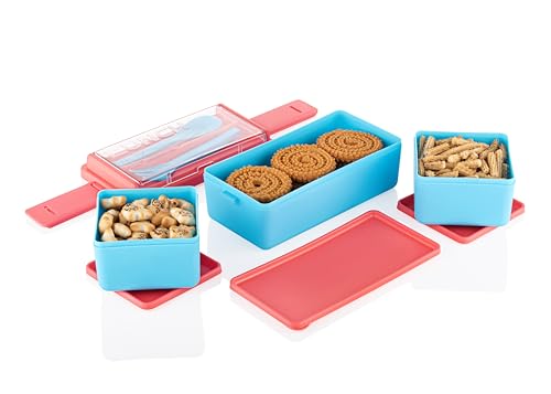 Image of 3 Section Lunch Box with Small Spoon & Fork - Leak Resistant Compartment Meal Box for Kids & Adults, Reusable Food Storage Container for School, Office & Travel (Sky Blue & Pink)