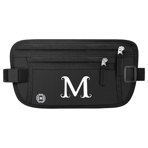 Image of Travel Money Belt, Personalized Initials Passport Holder with Anti Theft RFID Protection, Slim Travel Wallet for Women & Men, Travel Fanny Pack for Travel Essentials-Letter M, Black