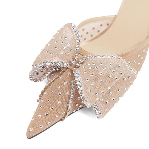 XYD Women Mesh Crystal Studs Pumps Two Layered Bows Thin Low Heel Pointed Toe Slingback Shoes for Wedding Evening3