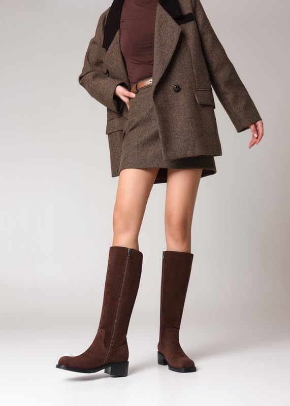 ZJA Knee High Boots Square Toe Boots Low Heel Flat Long Boots for Women Dress Chunky Comfortable Tall Boots 8 Suede Chocolate