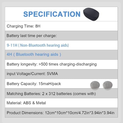 Rechargeable 312 Hearing Aid Batteries and Charger Case, Portable Hearing Aid Battery Charger Replacement with 2 Packs 312 Rechargeable Batteries (Charger + 2pcs 312 Batteries)