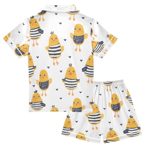 ALAZA Chicken in Striped Love Heart Pajamas Satin Pajama Set Short Sleeve Button Down Sleepwear2