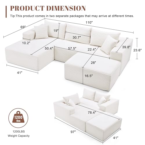 Image of Mangodan 110 inch Cloud Sectional Couch, Modular Sectional Sofa with Deep Seat, Boneless Sofa for Living Room, Fluffy Comfy U-Shaped Couch with Left Facing Chaise, No Assembly Required, Beige
