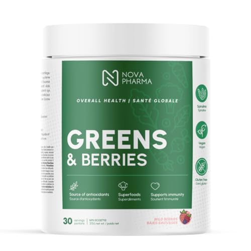 Nova Pharma Greens & Berries - 100% Organic Greens Superfood Powder, Rich Vitamins, Fiber, Omega-3 Fatty Acids, Boosts Immune System, Detoxifies Digestive System - Lactose-Free, GMO-Free - 30 Servings (Wildberries)