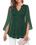 VALOLIA Christmas Blouse Women: Flowy Shirts - Plus Size Dressy Tops For Women - Cocktail Attire For Womens Holiday Fall Fashion Festival Wedding Guest Outfit For Womens Sparkly Green X-Large