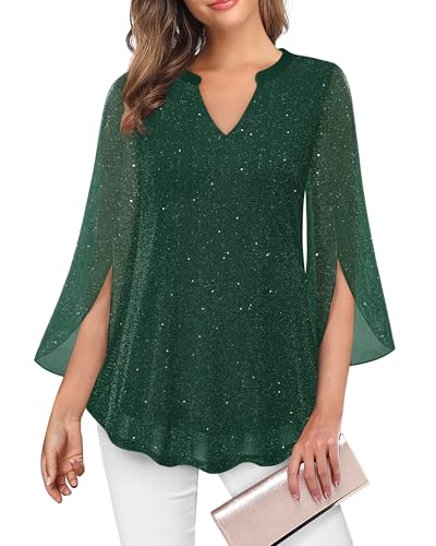 VALOLIA Christmas Blouse Women: Flowy Shirts - Plus Size Dressy Tops For Women - Cocktail Attire For Womens Holiday Fall Fashion 2025 Festival Wedding Guest Outfit For Womens Sparkly Green X-Large