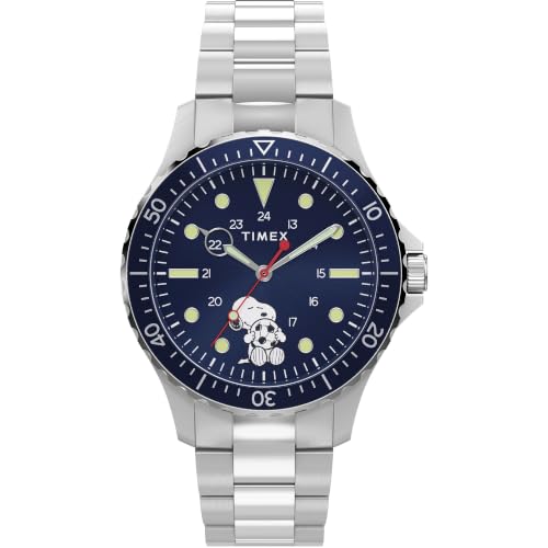 Montre Timex Peanuts Navi Snoopy de 41 mm avec boîtier en acier inoxydable et bracelet argenté