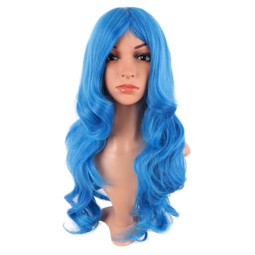 MapofBeauty 24 Pouces/60 cm Monochrom Haut-température fibre Side Frange Waves Roll Perruques Dreamy Perruque (Mélangé Vivid Bleu)