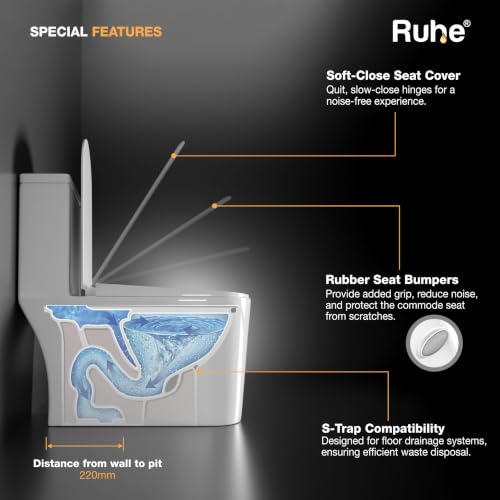 Image of Ruhe Fabia One-Piece Western Commode with Vortex Siphonic Flushing System | White Glossy Finish | S-Trap | Commode for Bathroom | UF Seat Cover, Rubber Gasket & Screws Included