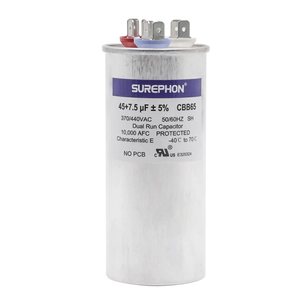 SUREPHON 45+7.5 45/7.5 Mfd Capacitor 370V or 440V Dual Run Start Capacitor CBB65r CBB65b for AC Motor or Fan Start Condenser Straight