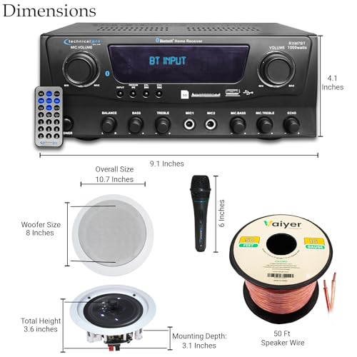 Image of Vaiyer Home Audio Sound System Kit - 1000 W Bluetooth Amplifier w / 2 Qty of 8 inch Framed Ceiling Speakers 300 W Each, Mic, 50 ft Speaker Wire & Remote Perfect for Home, Office, Restaurant, Bar