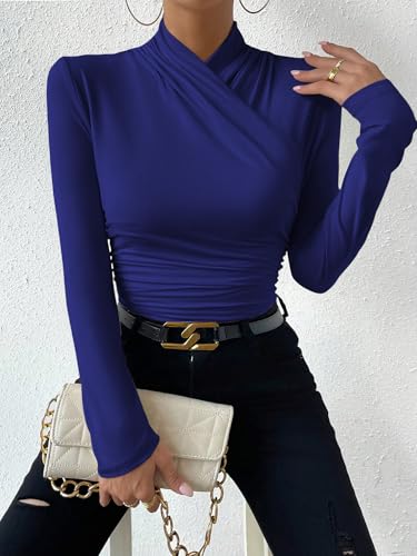 Image of SweatyRocks Women's Ruched Mock Neck Long Sleeve T Shirt Solid Slim Fitted Tee Tops