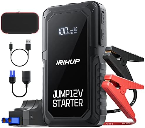 IRIHUP Car Jump Starter 2000A Peak Up to 8L Gas or 5L Diesel Engine,12V Jump Starter Battery Pack, Portable Jumper Starter with LED Light/USB QC3.0/Digital Display/EVA case