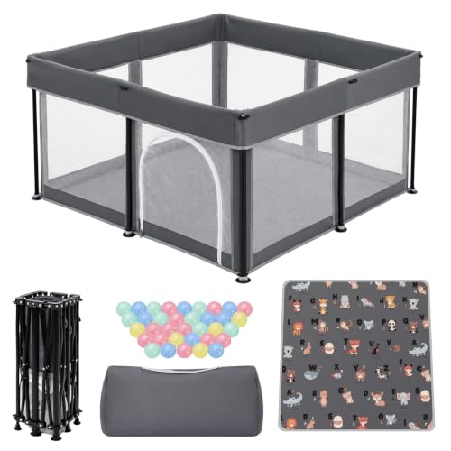Image of 50inch Foldable Baby Playpen Collapsible Play Yard with Mat /Ocean Balls /Bag (Gray, 50 * 50 * 25.59inch)