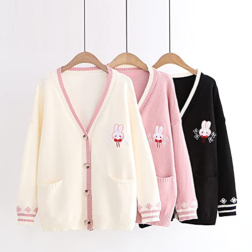 CORIRESHA Cute Rabbit Embroidered Cardigan Sweater Patchwork Button Knit Outwear with Pockets4