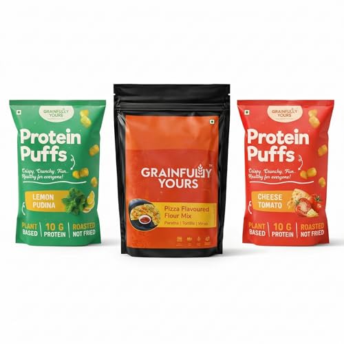 Image of Grainfully Yours Healthy Pizza & Protein Snack Combo - Pizza Flour Mix, Protein Puffs Lemon Pudina & Cheesy Tomato, Plant-Based, High Protein, Roasted Snacks, No Preservatives, No Refined Flour