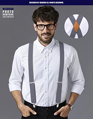 Hisdern Suspenders For Men Grey Mens Suspender Heavy Duty Strong Clips 1.4 Inch X-Back Adjustable Elastic Suspender Braces Gray For Tuxedo Work #TOP1