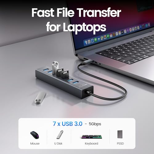 Image of USB C to USB Hub Multiport Adapter, Aluminium 7-in-1 USB C Hub Multiport Adapter, USB Extenders, USB to USB c Adapter for MacBook Pro /Air, Laptop, iPad, iMac, U Flash, PSSD, HDD, Keyboard, Mouse