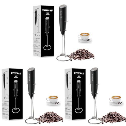 POWSAF Espumador de Leche, Batidor Leche Espuma con Soporte, 13000 RPM, Espumadera de Electrico, Batidora para Café, Latte, Cappuccino, Negro (Paquete de 3)