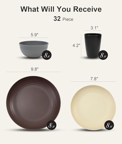 Image of Quatish 32 Piece Plates and Bowls Sets for 8, Unbreakable Dinnerware Sets, Dish Set for Camping, Dishwasher Microwave Safe, Outdoor Kitchen and Apartment Dorm Dinning RV Essentials, Brown