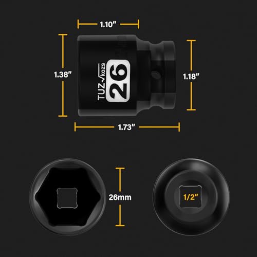 Image of 1 /2 Inch Drive 26mm Shallow Metric Impact Socket,CR-MO,6 Point Radius Corner Design,Square Chamfered Opening,Axle Nut Impact Grade Socket for Easy Removal