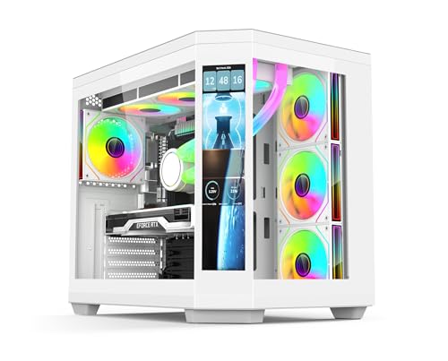 IONZ APEX Vision - Case da gioco per PC, ATX Mid Tower, doppia camera con 4 ventole ARGB PWM - Schermo LCD | Bianco