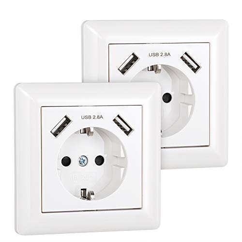 Steckdose mit USB 2.8A Unterputz Steckdose USB Schuko Schutzkontakt-Steckdose System 55 Reinweiß Glänzend Wandsteckdose für Smartphone MP3
