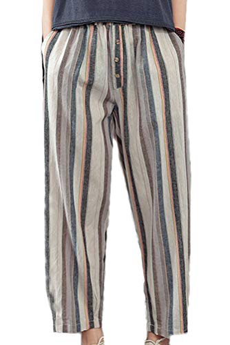 Minibee Womens Striped Linen Pants Casual Wide Leg Cropped Trousers Gray