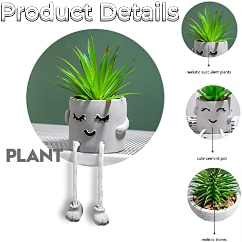 Artificial Plants Indoor, Fake Succulent Plants with Hanging Leg, Plant Pots with Creative Emotional Cement, Faux Plants Home Decor for House Office Bedroom Living Room Table Desk Shelf (2Pcs)