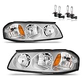 KarSpareHub Headlights Assembly with Bulbs for 2000-2005 Chevy Impala Headlamp Replacement Chrome Housing Amber Reflector Driver & Passenger Side