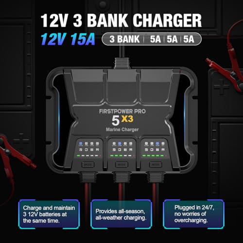 3 Bank Marine Battery Charger 5X3, 15A (5A/Bank) - 15A Onboard Charger, 12V Waterproof Boat Battery Charger, Battery Maintainer for SLA/AGM, Lithium, Calcium - Charged 24/7