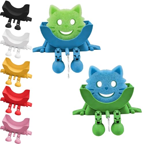 2PC Cute Hanging Sponge Holder with Drainage, 3D Printed Sponge Holder for Kitchen Sink, Funny Sponge Stand, Suit for Any Smile Face Sponge Keep Dry (Green+Blue)
