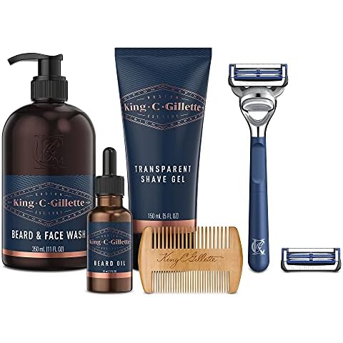 King C. Gillette Grooming Kit, 1 Razor with 2 Blade Refills,1 Oz Beard Oil, 11 Oz Beard Wash, 5 Oz Shave Gel, 1 Comb Cover