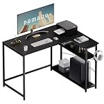 Pamray 43 Inch L Shaped Computer Desk with Reversible Side Storage Shelves, Small Corner Desk for Small Space Home Office,Writing Study Table Gaming PC Desk for Bedroom,Black