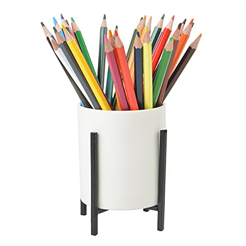 Pencil Holders & Pen Holders for Desk, Ceramic Pen Cup, Office Desk Decor for Women, Makeup Brushes Holder, Desk Accessories Organizer Stand with Stable Metal Bracket, Large Size, Black