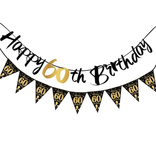 HQKJGSYX 2PCS Happy 60th Birthday Banner Personalized Birthday Banner Gold and Black Glitter Paper Garlands for 60th Party Decorations Supplies Letters Gold and Black
