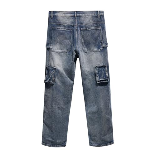 Baggy Jeans for Men Cargo Wide Leg Blue Loose Fit Denim Pants Hip Hop Streetwear Multi Pocket Style3