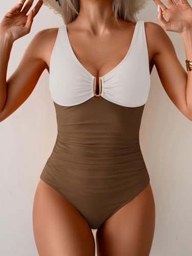 Image of B2prity One Piece Swimsuit for Women Tummy Control Ruched Bathing Suit V Neck Push Up Swimwear