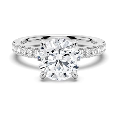 MSBLUE® Moissanite Engagement Ring, 1.5ct Round Cut with Pavé & Hidden Halo, 14K White Gold Vermeil, Rhodium Finish