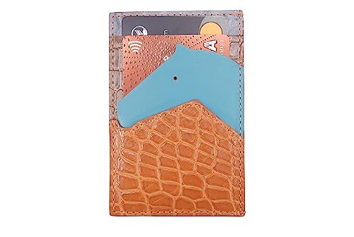 Genuine Crocodile Skin Leather Slim Vertical Business Credit Card Holder Sleeve with Hidalgo Horse Design (Tan Brown)