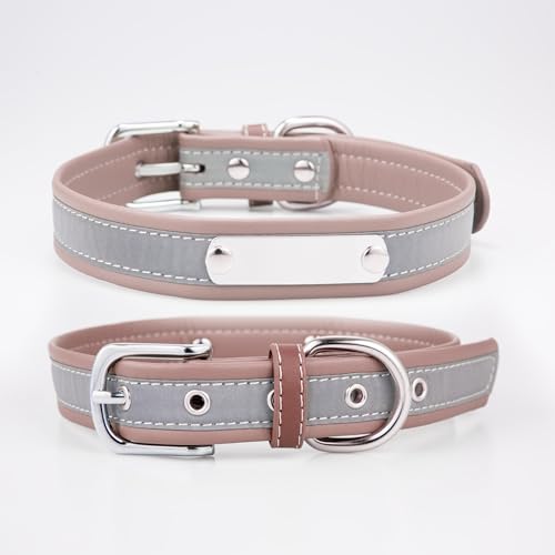 Reflektierend Halsband für Hunde aus Leder Personalisierte Hundehalsband mit Namen Gravur Hellbraun Halsband mit Namenschild für den kleinen Hund, Hundehalsbänder S