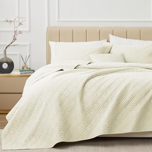 Image of VAS COLLECTIONS 100% Cotton Ultrasonic Quilted King Bedspread Set, 280 TC Soft Lightweight Stitch-Free Coverlet, 90x100 Inches, with 2 Pillow Covers (Beige)