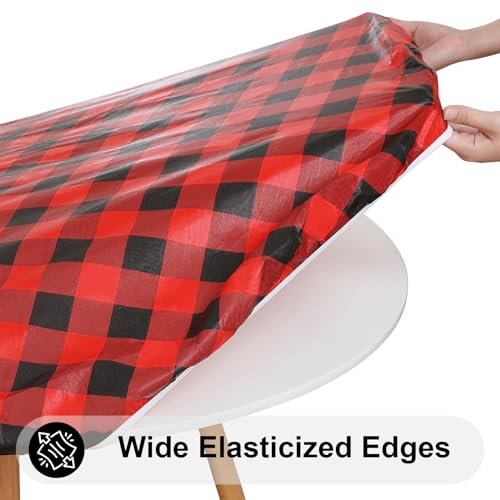 Smiry Round Picnic Tablecloth, Elastic Waterproof Fitted Vinyl Tablecloths for 45"-56" Tables, Flannel Backed Buffalo Plaid Table Cover for Dining, Camping, Outdoor, Black and Red by Smiry - Image 2