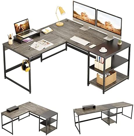 Bestier L Shaped Desk with Shelves Reversible Corner Desk 240CM Industrial Long Table Stable Desk L Shape Computer Workstation with 3 Cable Holes