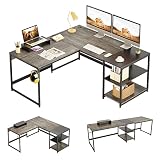 Bestier Industrial L Shaped Desk with Shelves 94.5 Inch Reversible Corner Computer Desk or 2 Person